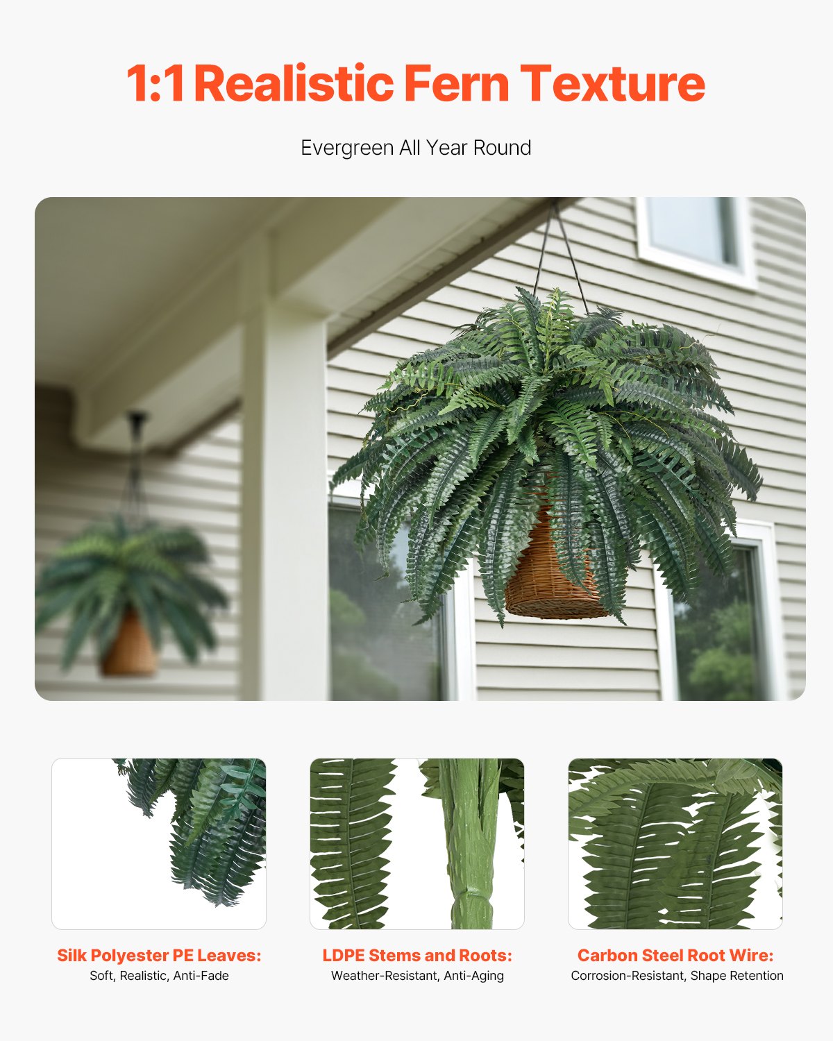 Artificial Ferns, Natural Spread Diameter 43-47 Inch, Large Hanging Artificial Boston Ferns