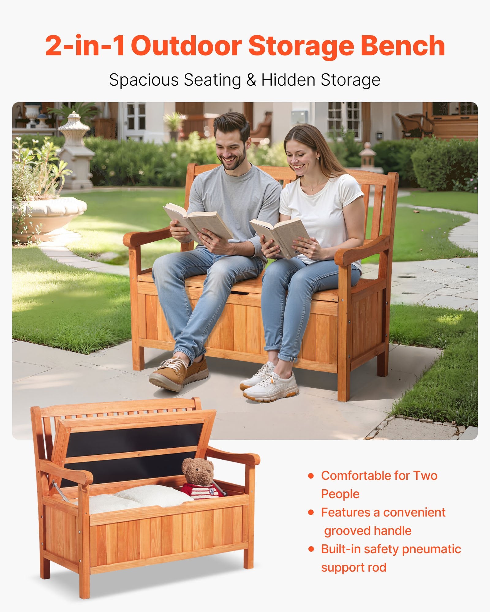 Outdoor Storage Bench, 2-Person Wooden Storage Bench