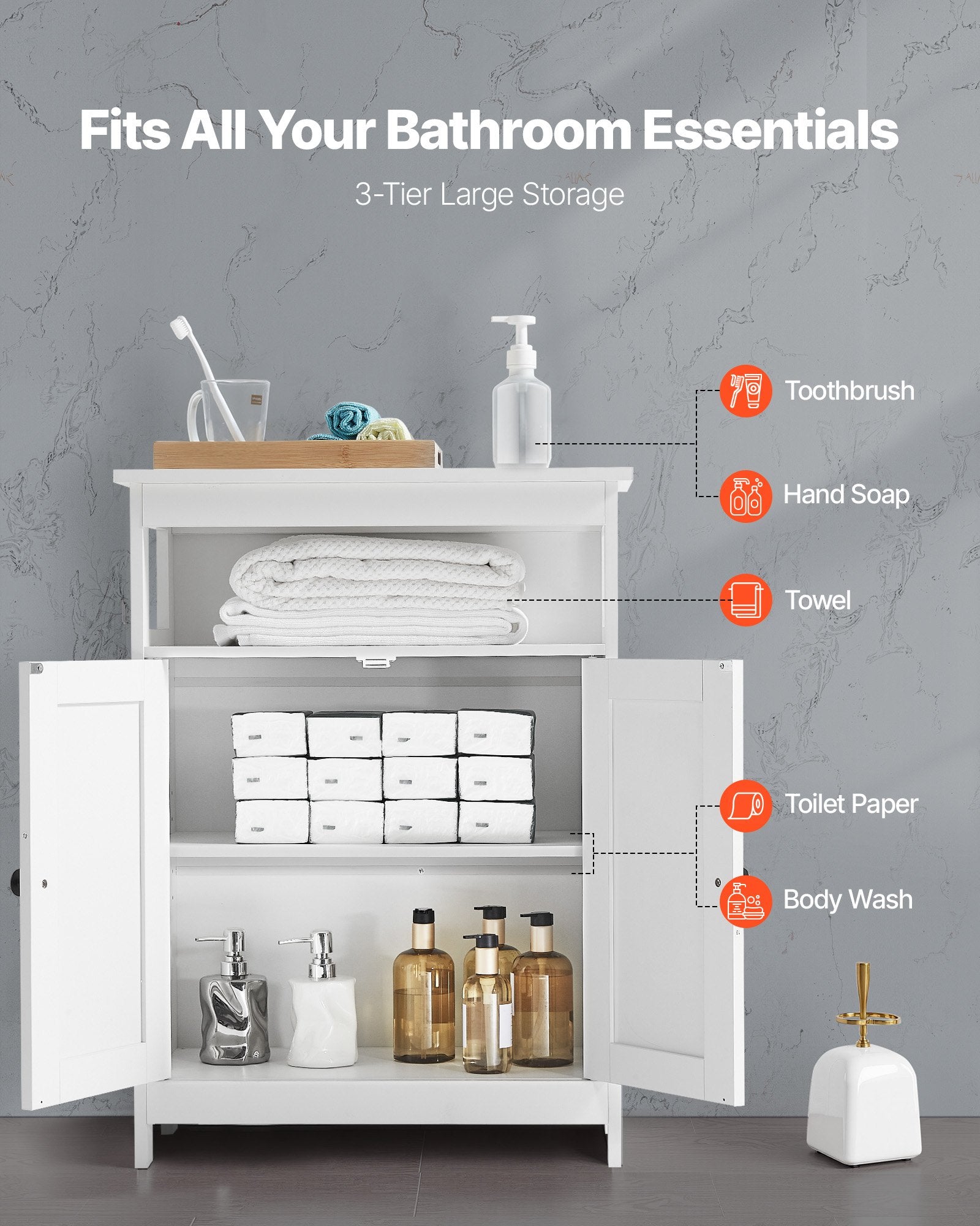 Bathroom Floor Cabinet, 3-Tier, Wooden Storage Organizer With 2 Doors And Adjustable Shelf