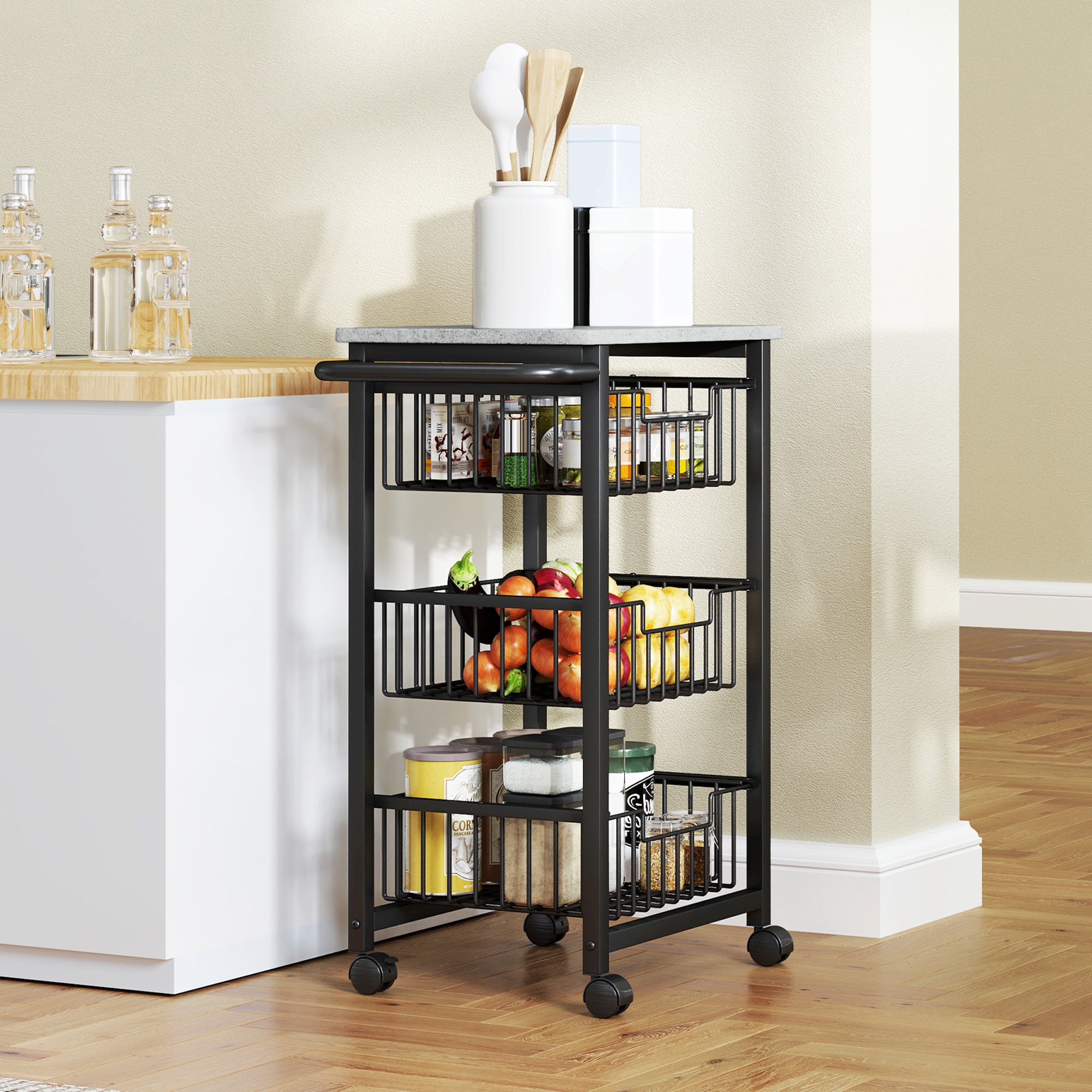 Three Basket Mobile Kitchen Island, With Brakes