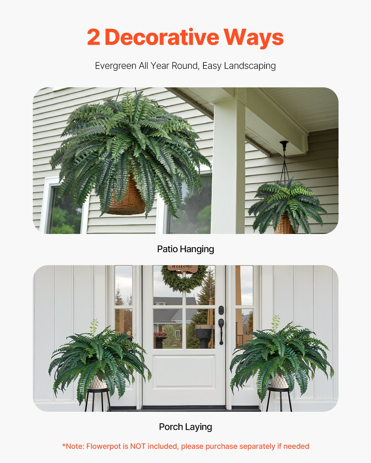 Artificial Ferns, Natural Spread Diameter 43-47 Inch, Large Hanging Artificial Boston Ferns