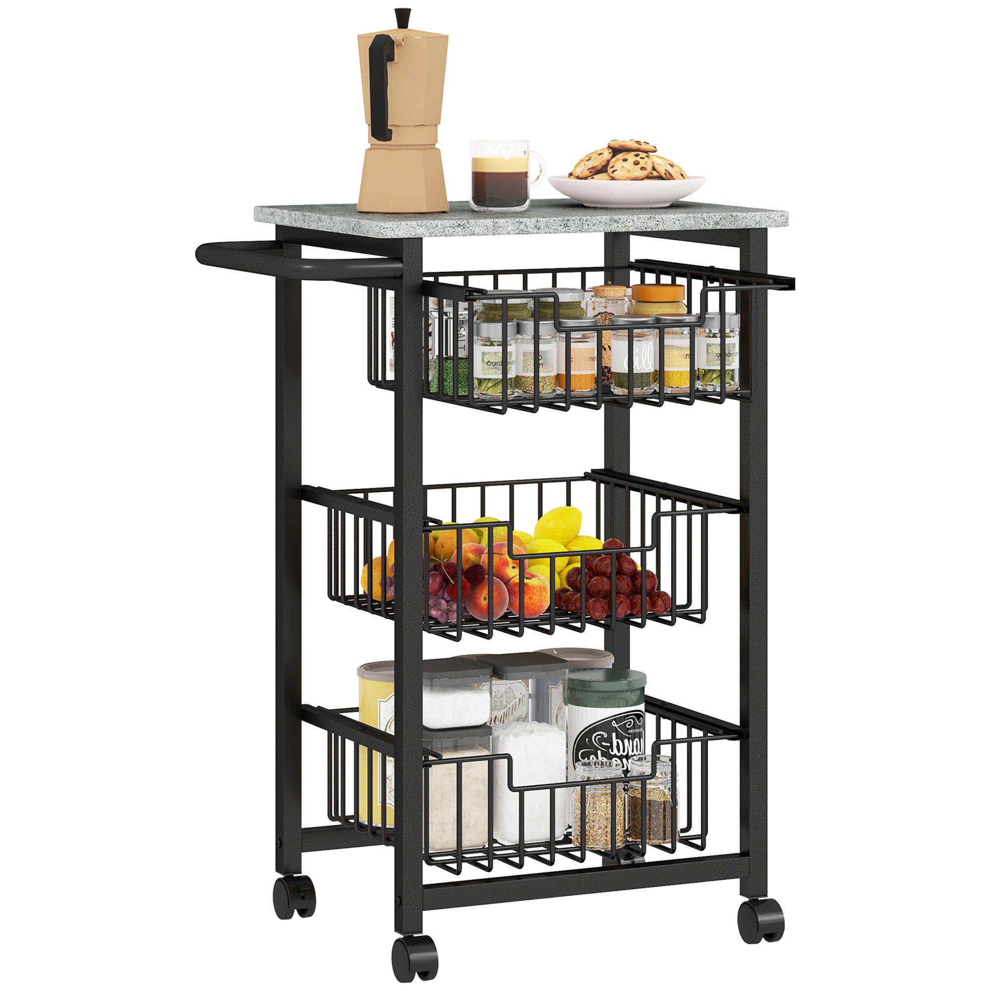Three Basket Mobile Kitchen Island, With Brakes