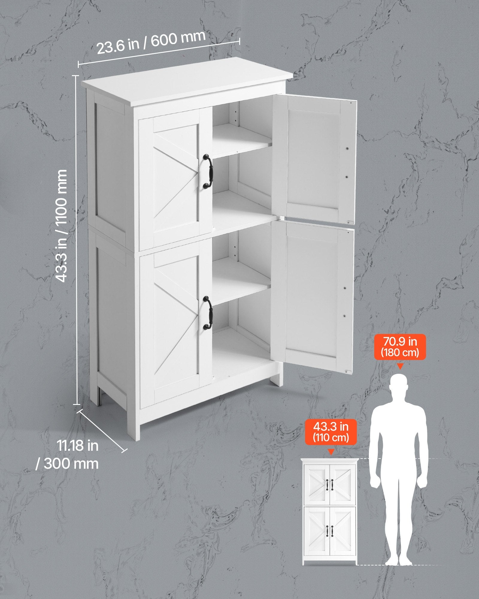 Bathroom Floor Cabinet, 4-Tier, Wooden Storage Organizer With 4 Doors And Adjustable Shelf