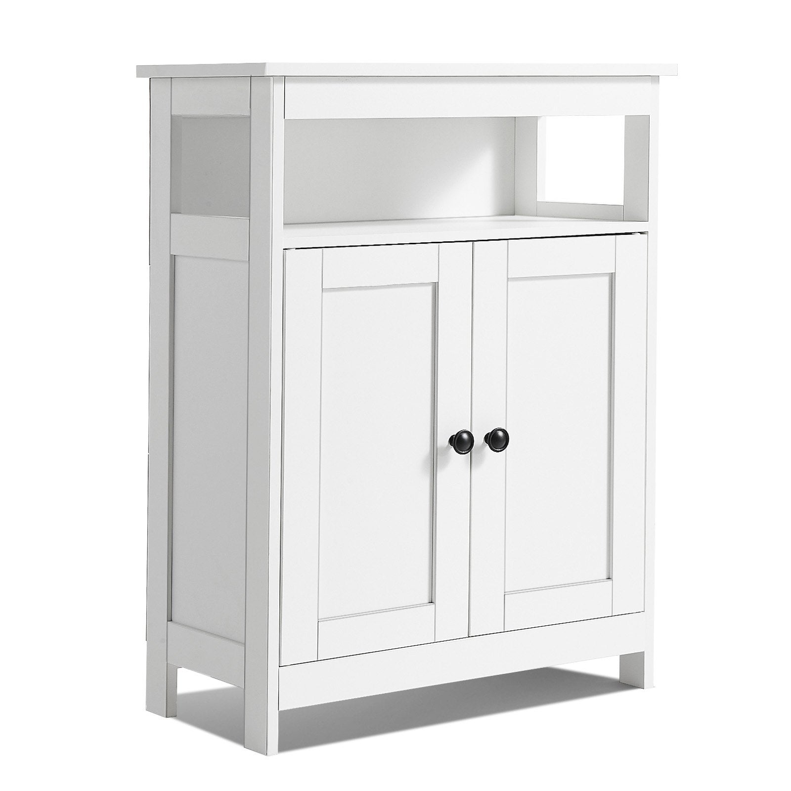Bathroom Floor Cabinet, 3-Tier, Wooden Storage Organizer With 2 Doors And Adjustable Shelf