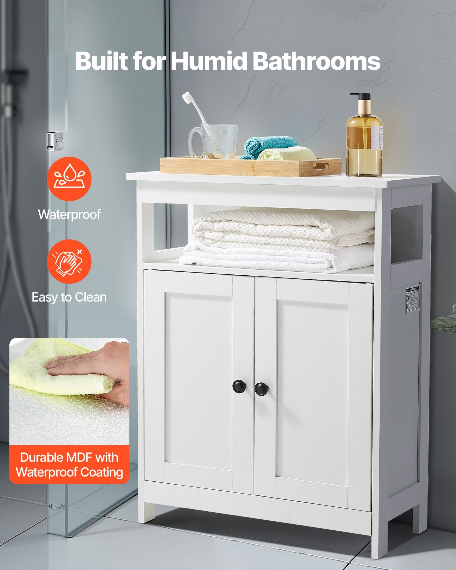 Bathroom Floor Cabinet, 3-Tier, Wooden Storage Organizer With 2 Doors And Adjustable Shelf