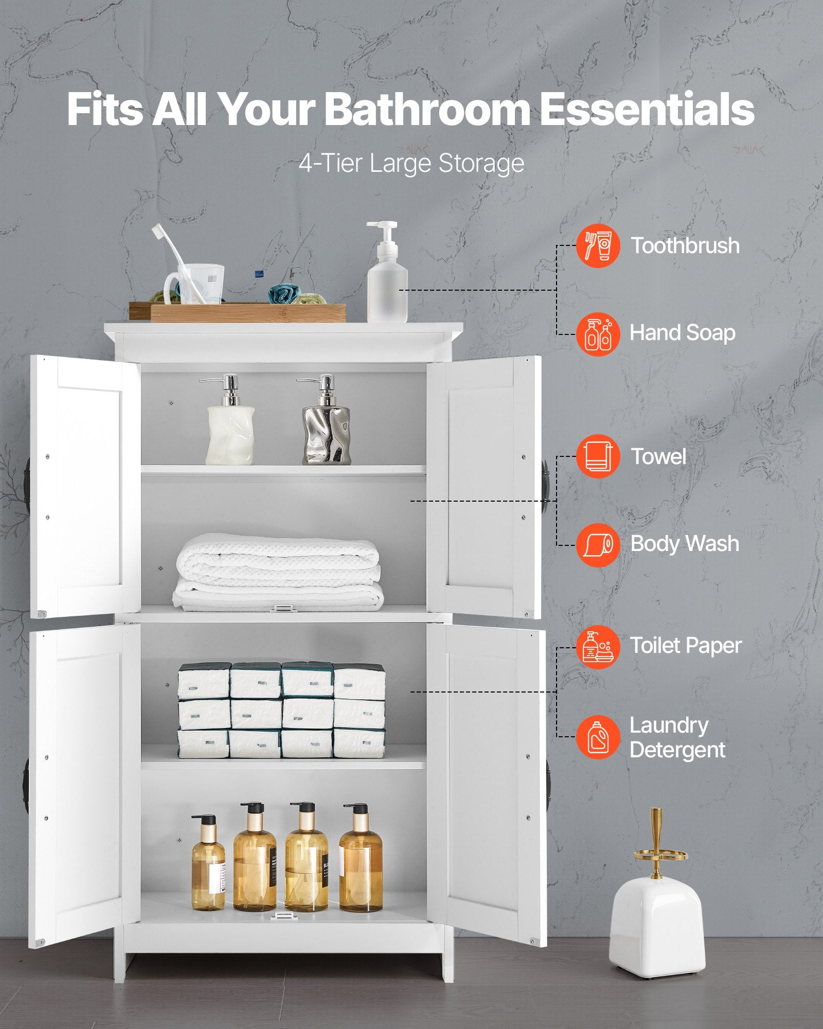 Bathroom Floor Cabinet, 4-Tier, Wooden Storage Organizer With 4 Doors And Adjustable Shelf