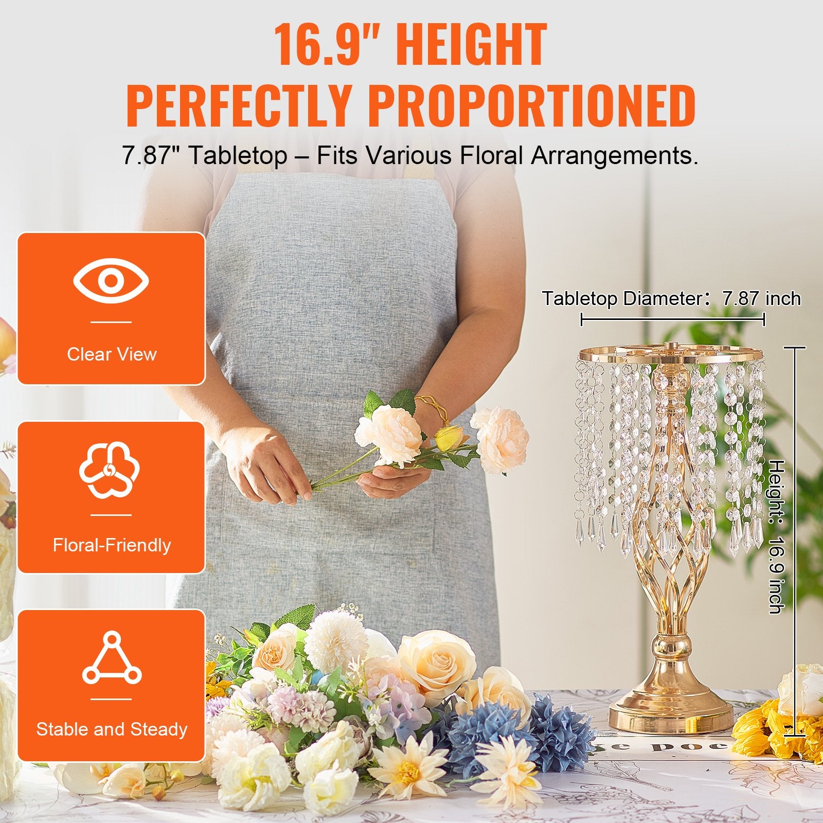 20PCS 43cm/16.9” Tall Crystal Wedding Flower Stand, Metal Wedding Centerpiece