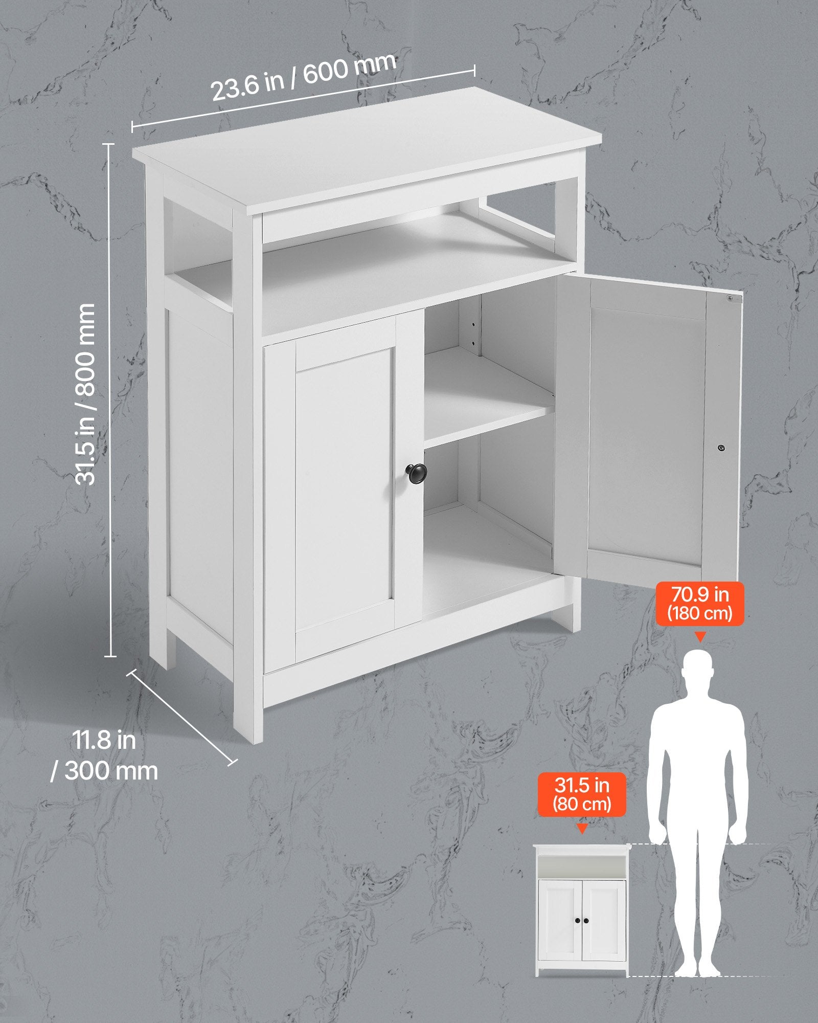 Bathroom Floor Cabinet, 3-Tier, Wooden Storage Organizer With 2 Doors And Adjustable Shelf